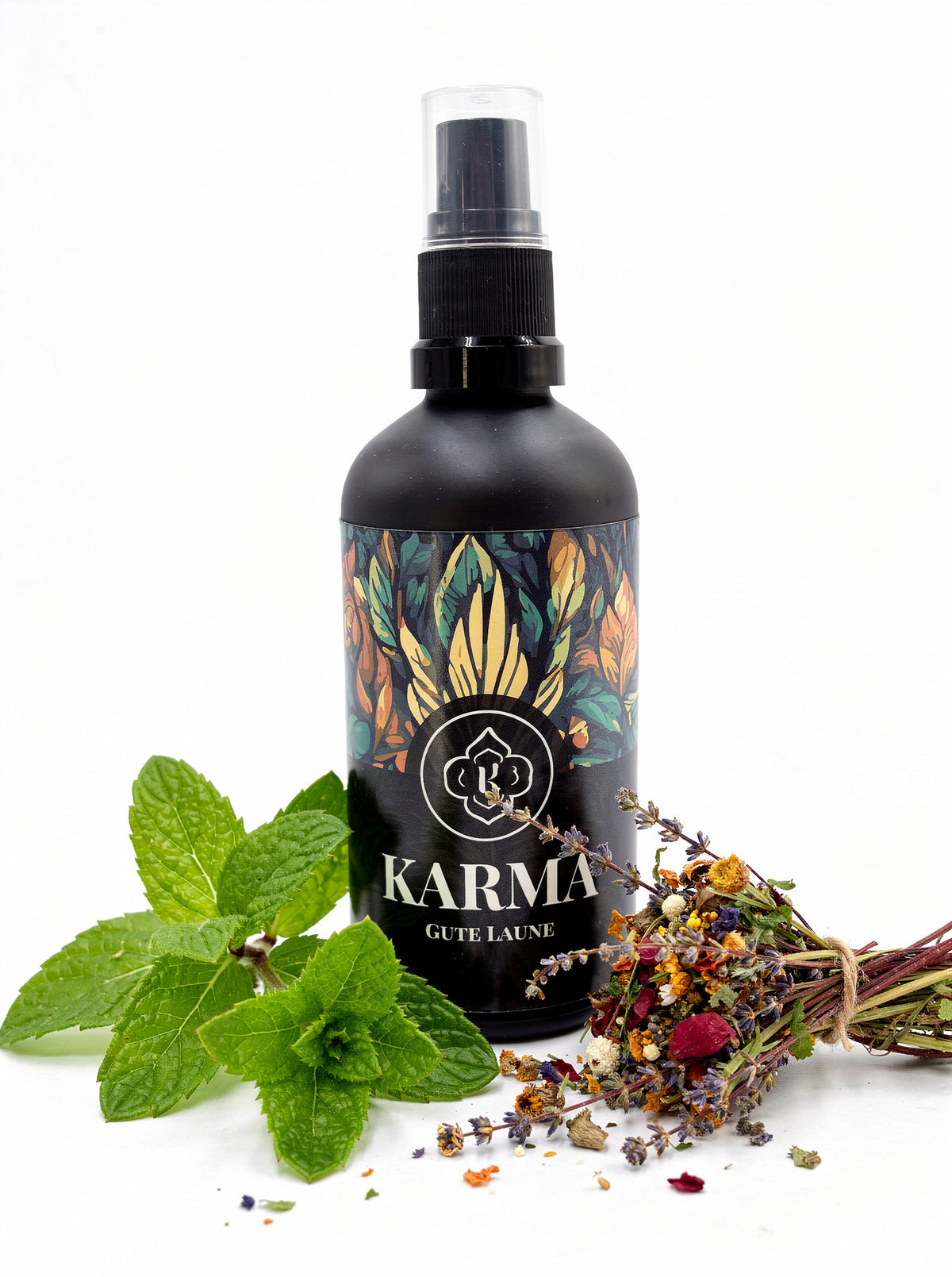 Karma-Spray Gute Laune mit frischer Pfefferminze und Kräutern als Zutatenbild